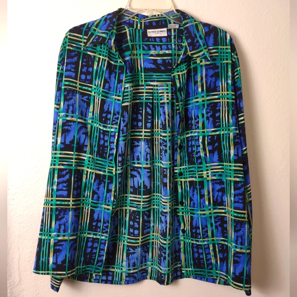 Alfred Dunner Women's Blue & Green Plaid Collared Button Down Shirt Size 14